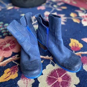 John Fluevog blue leather ankle booties